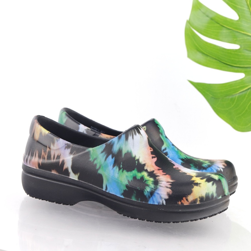 Crocs Womens Neria Pro Clog Size 9 Black Tie Dye Neon Slip On Work Shoes Nursing